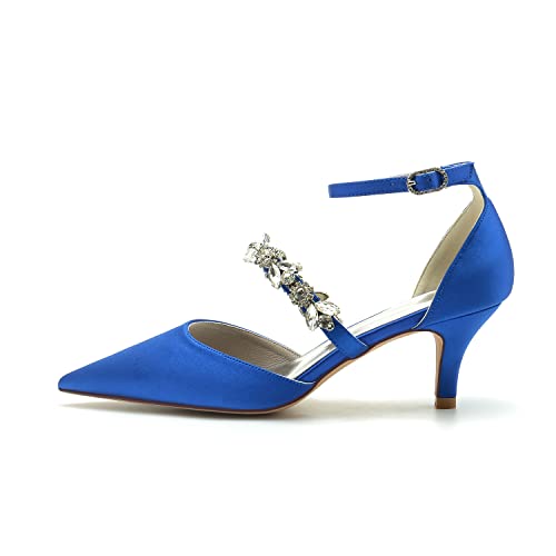 Womens Crystal Pumps Low Kitten Heel Satin Ankle Strap High Heels Pointed Toe Wedding Pumps Party Dress Shoes3