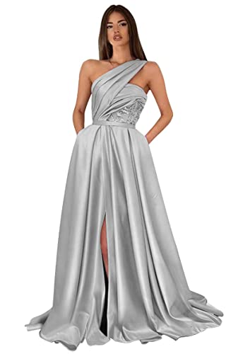 Women's One Shoulder Prom Dresses Long Ball Gown A-line Formal Dresses Long with Pockets Ruched Glitter Lace Evening Gowns