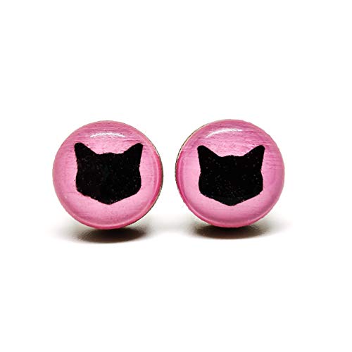 Stud Earrings, Light Pink Black Cat, 10 mm, Round Studs for Women Girls, Handmade, Stainless Steel Posts for Sensitive Ears