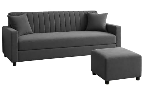 Image of 3 Seater Wooden Sofa Set with Ottoman for Living Room | Premium Velvet Fabric Wooden Frame | Modern Design | Comfortable Cushioned Sofafor Home, Office & Lounge | Grey