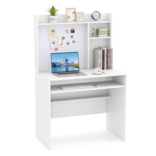 LIFEZEAL Bureau met magnetische plaat, 89 x 50 x 138 cm, computertafel met toetsenbordplank, moderne werktafel voor kantoor, wit