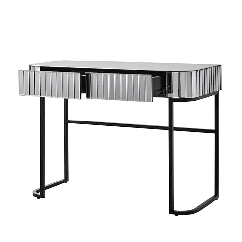 Image of Modern Vanity Table, 39 inch Mirrored Makeup Vanity Table with Stainless Steel Base, Mirrored Console Dressing Table with 2 Drawers, Versatile Desk for Bedroom and Office (Gray /109)