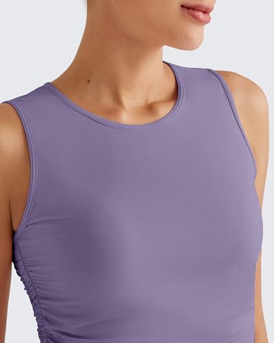 Image of G4Free Skimetic Workout Tank Tops for Women Side Ruched Sleeveless High Neck Crop Top Summer Athletic Gym Shirts