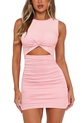 Image of MISSJOY Women's Sleeveless Cutout Twist Front Ribbed Ruched Bodycon Club Party Mini Dresses