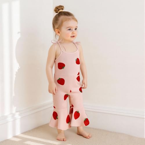 Emmababy Baby Girl Strawberry Jumpsuit Toddler Bell Bottom Romper Tie Shoulder Flare Jumpsuit Kids Strawberry Birthday Outfit4