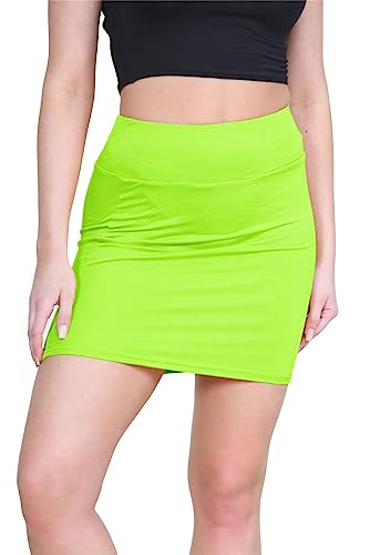 Image of janisramone® Mini Skirts for Women UK, Elasticated High Waist Mini Skirt, Bodycon Plain Stretchy Pencil Skirt for Summer Daily and Casual Wear Skirts Size 6-16 Neon Green