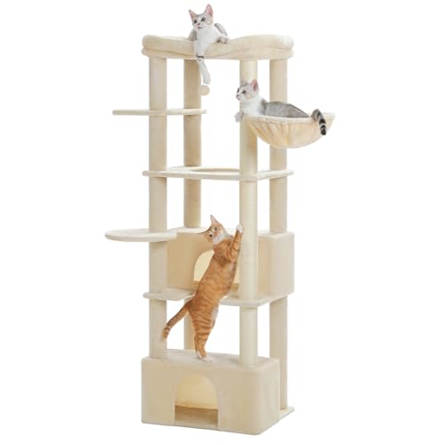 PETEPELA(ぺテぺラ) キャットタワー 大型猫用 スリム 多頭飼い 猫タワー 大型 据え置き 省スペース コンパクト ハンモック 人気 おしゃれ かわいい シンプル 転倒防止ベルト付き おもちゃ 運動不足 安定 頑丈 - 170cm ベージュ
