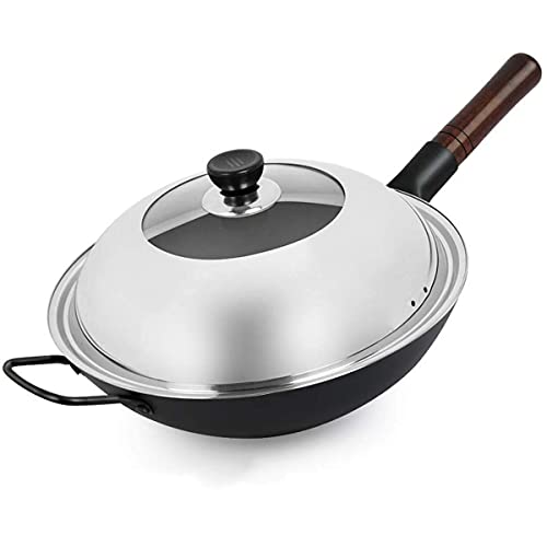 Wok de hierro fundido pretemporizado 38 cm con mango de madera miniatura 1
