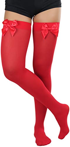 Image of ToBeInStyle Women's Opaque Long Thigh High Stockings w /Decorative Front Satin Bow