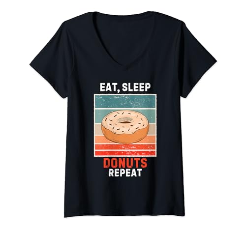 Womens Retro Eat, Sleep Donuts Repeat Vintage Donuts Food Lover V-Neck T-Shirt