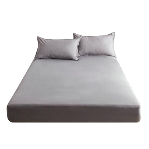 Epinki Spannbettlaken & 2er Kissenbezüge 90x200cm Set 3tlg Abwaschbar, Spannbetttücher Einfarbig Hellgrau Matratzenschutz, Baumwolle Tagesdecken für Boxspringbett & Wasserbett