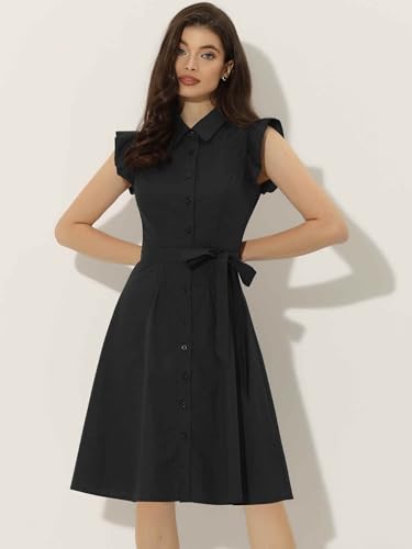 Image of Allegra K Women's Ruffled Sleeve Casual Office Dress Tie Waist Button Down Cotton Shirt Dresses