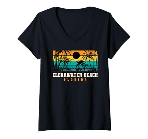 Femme Clearwater Beach Florida Design rétro Clearwater Beach FL T-Shirt avec Col en V