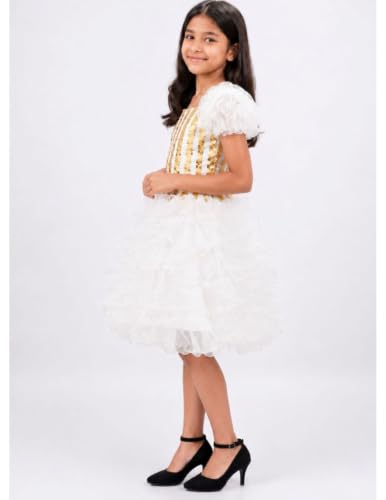 Image of BookMyCostume White & Golden Sequin Western Dance Costume for Girls | Stylish Top with Frill Sleeves & White Fluffy Skirt | Annual Western Dance Costume for Kids | 10-12 Years