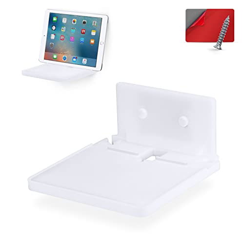 Image of BRAINWAVZ [EOL] 6.5" Floating Shelf with Tablet & Phone Wall Mount Holder Ideal for Bedside, Kitchens, Bathrooms, Can Also Hold Books, Plants, Cameras & Speakers - Adhesive & Screw-in (White) [EOL]