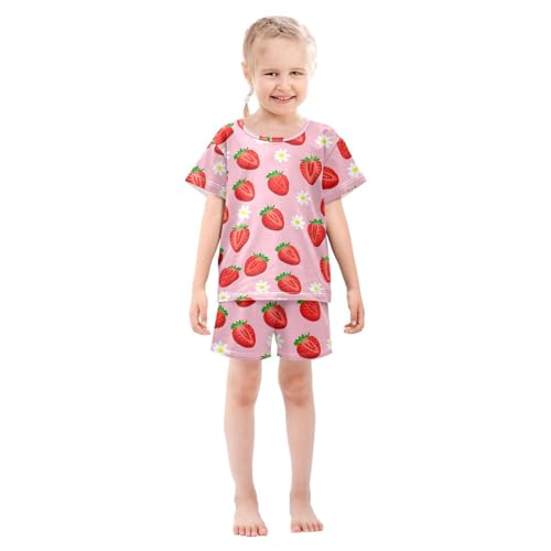 Strawberry Flower Pale Pajama Set Short Sleeve Pajamas Shorts Sets Cotton PJS 2 Piece Clothes Set 5Y3