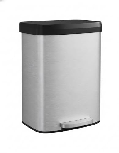 Garvee 16 gal / 60 L Stainless Steel Trash Can with Lid, Large Garbage Can for Kitchen, Rustproof Step-on Kitchen Metal Trash Bin with Liner Rim, Rear Handle, Soft Close Plastic Lid, Silver