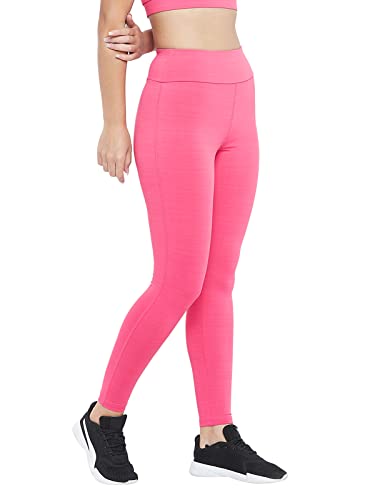 Image of Clovia Women's Snug Fit Active High Rise Tights with Reflective Logo in Pink