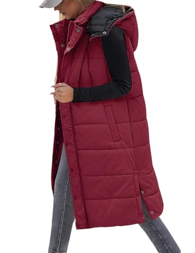 Tuopuda Chaleco Largo para Mujer de Capucha con Cremallera Chaleco Acolchado de Plumas Chaqueta de Invierno sin Mangas Abrigo de Cálidos on Bolsillos(Vino,XL)