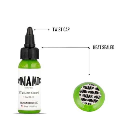 Image of Dynamic Color Lime Green Tattoo Ink, Made in USA Since 1990, 1 oz | Sterilized and lot-numbered for full traceability; established American brand trusted by artists worldwide