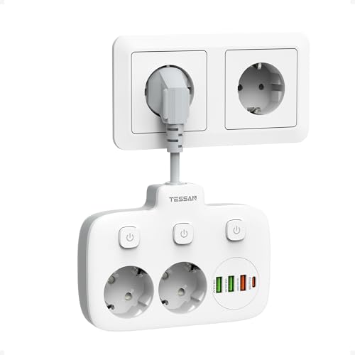 TESSAN Ladrón Enchufes Plano con Cargador USB-C PD 20W, 6 en 1 Enchufe Multiple de Línea Corta con Interruptores Independientes, 4000W Ladrón Enchufe para pared en Sala de Estar, Dormitorio y Oficina