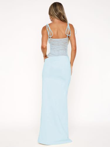 Image of Women's Lace Splicing Cutout Maxi Dress Square Neck Sleeveless Bodycon Long Dress with Sheer Corset