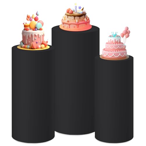 Black Cylinder Covers Set of 3 for Party Cylinder Pedestal Covers,Plinth Stand Pillar Cover,Spandex Cylinder Cover for Birthday Party Wedding Props Decor (Only Cover)