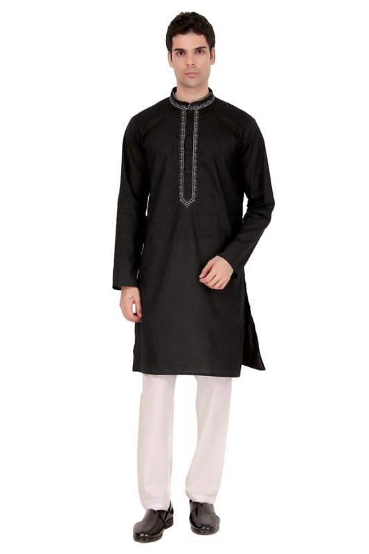 Mens Cotton Embroidered Kurta Pajama Set - Mandarin Neck