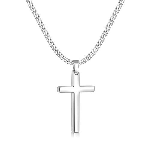 Zinvefa Kreuz Kette Herren Edelstahl Anhänger Kreuz Halskette Silber,38 * 22mm mit 55cm Kette Länge