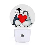 Axayaz Penguin Plug in Night Light Valentine's Day Lovers Cute Animal Penguins Holding Red Heart Auto LED Lamp Energy Saving Round Lights for Boys Girls Men Women
