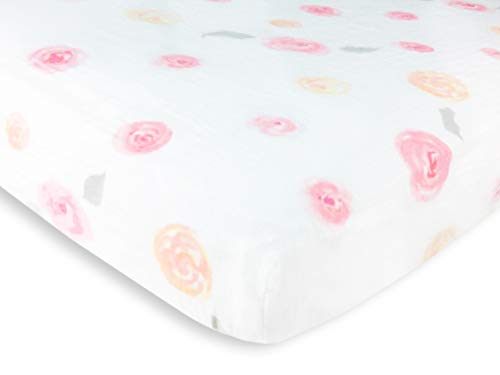 Image of Amazing Baby Cotton Muslin Fitted Crib Sheet, Watercolor Roses, Pink