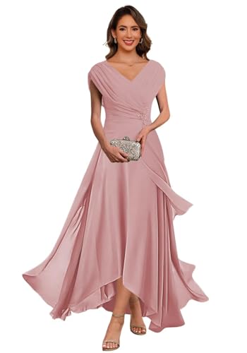 Tea Length Mother of The Bride Dresses Chiffon V Neck Wedding Guest Dress Pleated Formal Evening Gowns