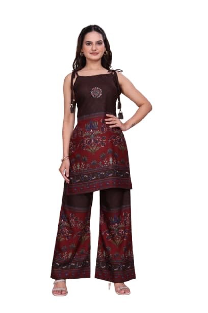 eltrona Women's Ethnic Co-ord Set, Brown & Maroon, Floral Print, Sleeveless Top with Palazzo Pants-picture-32