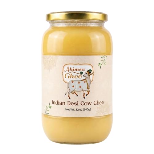 Ahimsa Ghee - Pure Indian Desi Cow Yogurt Based Cultured A2 Ghee, Grass Fed, Cruelty Free, Premium - Clarified Butter Ghee (32 Fl oz)