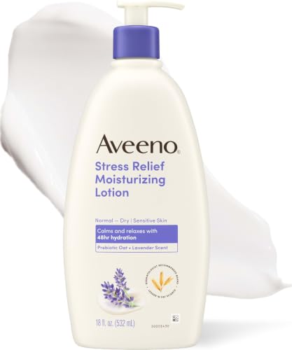 Image of Aveeno Stress Relief Moisturizing Body Lotion, Lavender Scent with Prebiotic Oat for Sensitive Skin, Lightly Scented Lotion with 48-Hour Hydration, Fast Absorbing, Non-Greasy, 18 Fl Oz