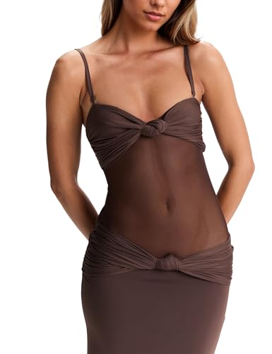 Image of Women's Maxi Dress Removable Spaghetti Straps Knotted Twist Sweetheart See Through Night Club Party Cocktail Bodycon Dress