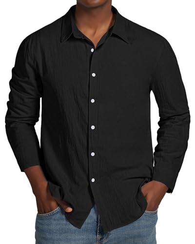 Men's Button Down Shirt Cotton Casual Long Sleeve Shirts Solid Collared Summer Beach Wedding Shirt2