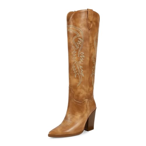 ISNOM Brown Cowboy Boots for Women Cowgirl Western Boots Womens Knee High Cowboy Tall Boots with Pointed Toe and Chunky High Heel Size 8