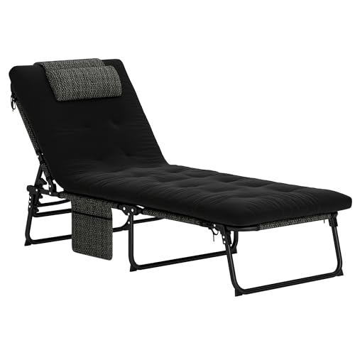 Outsunny - Outsunny Folding Lounge Chair with 4-Level Reclining Back, Outdoor Tanning Chair with Cushion, Outdoor Lounge Chair with Breathable Mesh Fabric, Side Pocket, Headrest, Black - -5%