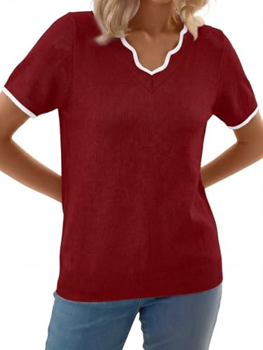 GKBK Women Short Sleeve V Neck Sweater Lightweight Pullover Top Fashion Clothing for Business Casual Work Outfits Spring Summer 2026 Crimson Small — view 4