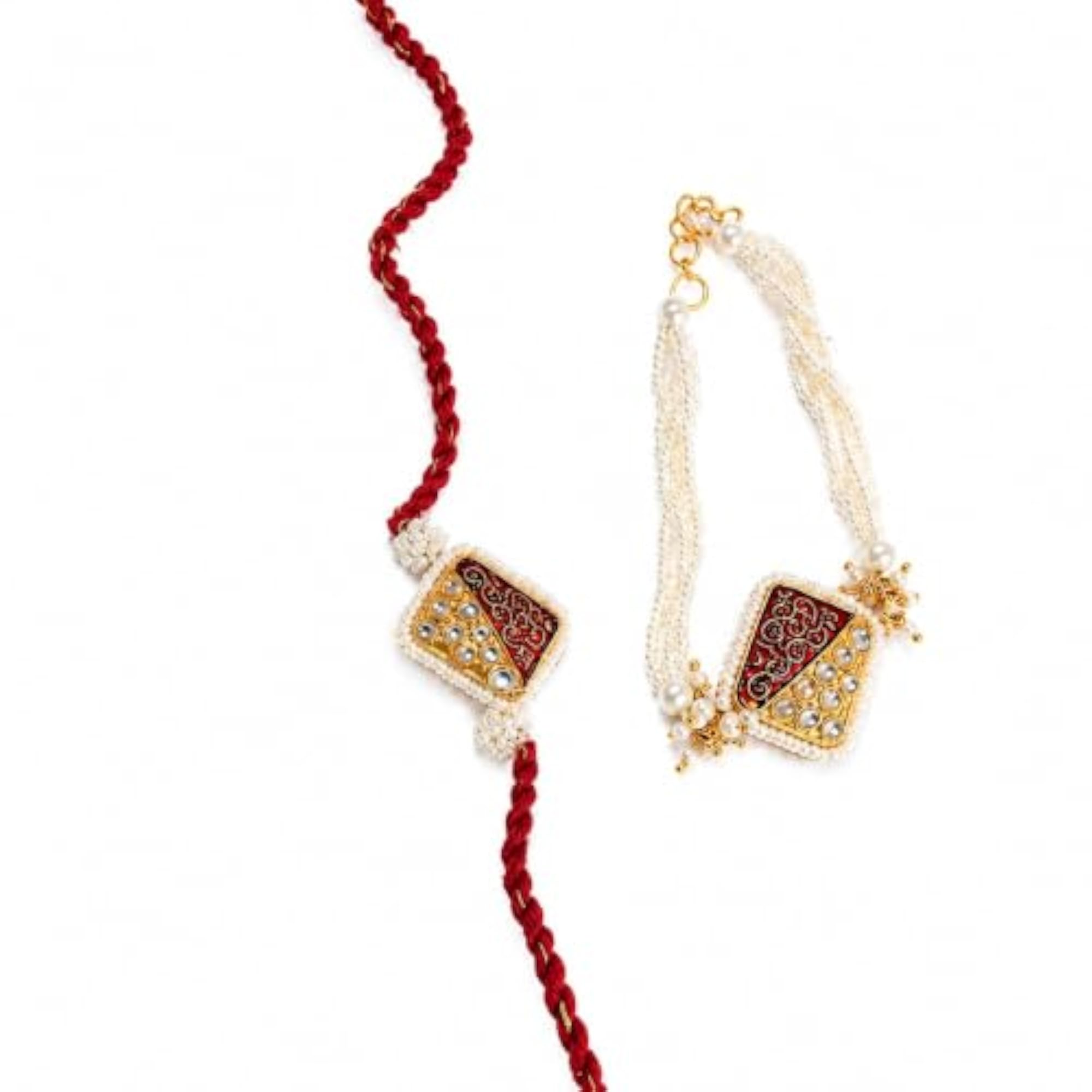 Handcrafted Red & Pearl Rakhi Set for Bhai Bhabhi