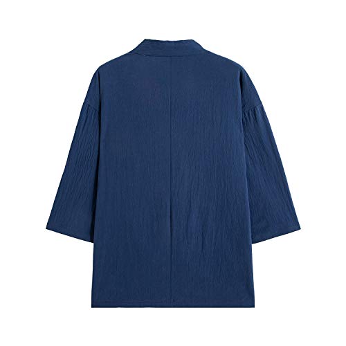 Image of Mens Japanese Kimono Cardigan Cotton Linen Haori Fashion 3 /4 Sleeve Yukata | Shawl Collar Kimono Jacket Robe Embroidery Patchwork Happi Coat Tie Pockets Lightweight Outerwear Daily Casual All Seasons