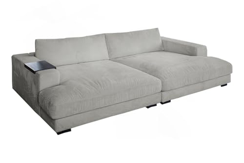 KAWOLA Big Sofa Megasofa Couch XXL Sofa Madeline Holztablett für Armlehne Cord Hellgrau | Wohnmöbel Groß & Modern