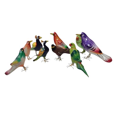 Image of Terracotta Bird Figurines, Set of 9 Pieces, Handmade Decorative Miniature Birds, Multicolour, Home Decor Showpiece