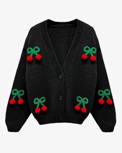 Cardigan Sweaters for Women Long Sleeve V-Neck Button Knit 3D Cherry Y2k Surcoat2