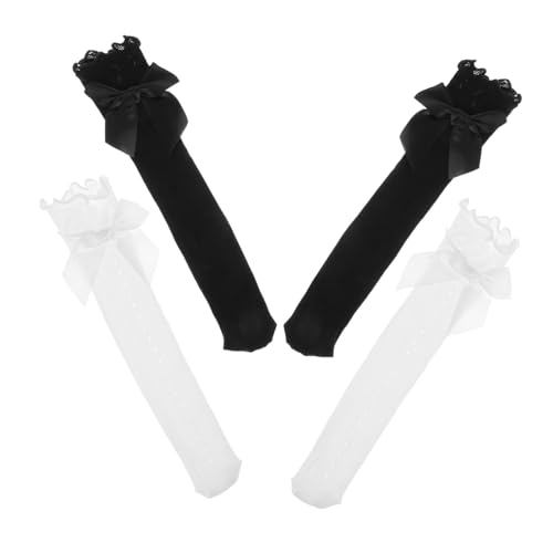 4 Pairs of Girls Knee High Socks Lace Trim and Bow Decor Kids Decorative Over Calf Socks for Outdoor Wear Cute Children’s Stockings