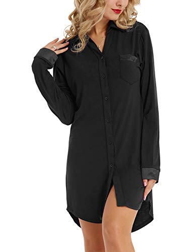 Women Model Boyfriend Style Nightshirt Long Sleeve Button Down Sleep Shirt Stretchy Black Large
