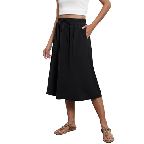 Image of Witsmile Women's Boho Elastic High Waist A Line Skirt Below Knee Swing Beach Midi Skirt with Pockets(UG Black,XL)
