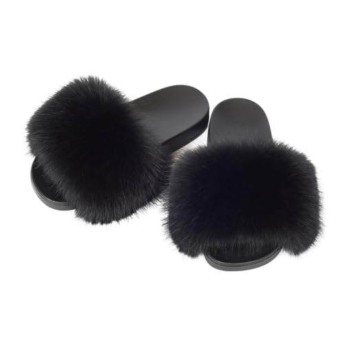 Image of Women's Faux Fur Slides Slippers Fluffy Fuzzy Sandals Open Toe Furry Slide Flip Flop Indoor Outdoor