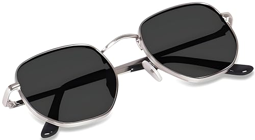 Image of Hexagon Silver Metal frame, sleek black lenses, Unisex Modern look Sunglasses SRK Choice, UV protection, perfect for Both Men's and Women's.